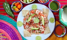 a dish is filled with different types of food on a plate