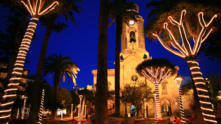 a church lit up at night