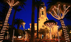 a church lit up at night