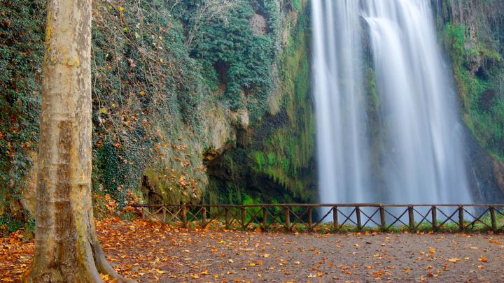 una cascada con árboles en el fondo