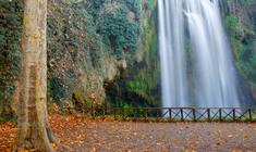 una cascada con árboles en el fondo