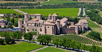 un castillo en la parte superior de un exuberante campo verde