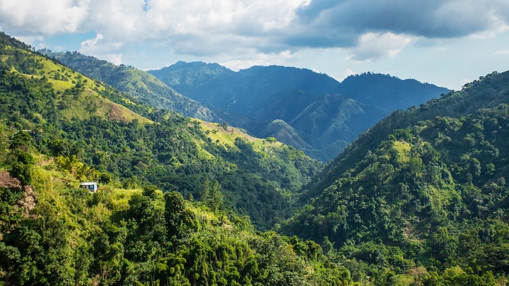 un gran campo verde con Montañas Azules en el fondo