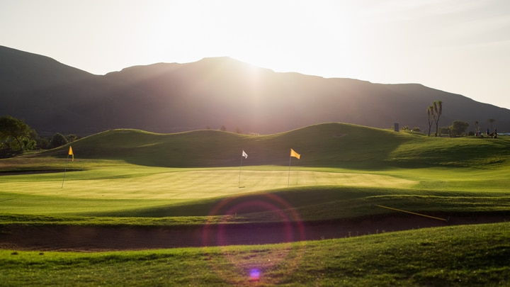 a large green landscape with a sunset in the background