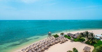 Ein Strand mit einem Gewässer und Bäumen an der Seite